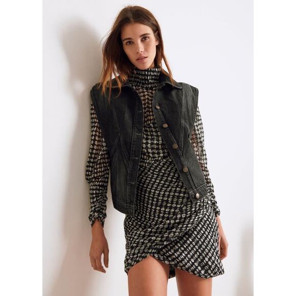 Ba&Sh Brydie Black Polka Chiffon Mock Neck Long Sleeve Mini Wrap Bodycon Dress S - Picture 1 of 9